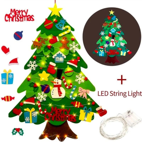 🧒🎄Felt Christmas Tree Set With 32PCS Ornaments Wall Hanging Tree &, 35LED String Lights